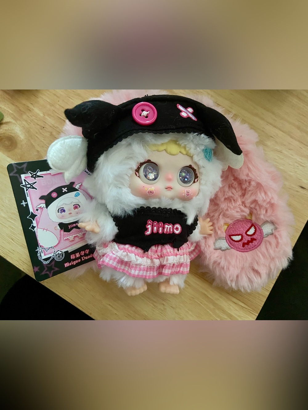 Jiimo- Pink & White Plush Dress-Up Doll with Black Hood